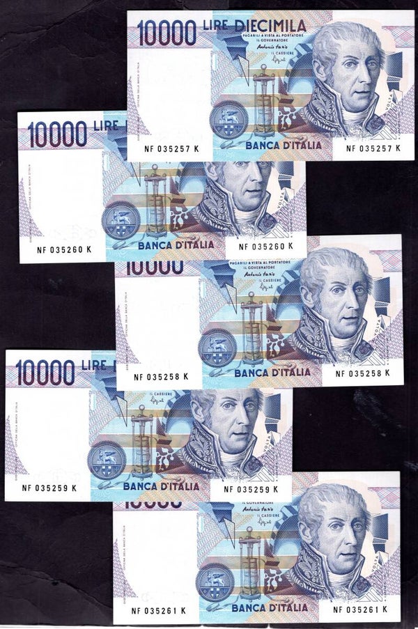 Italy, 10.000 Lire, x 5 Consecutive NF035257-035261. VF.