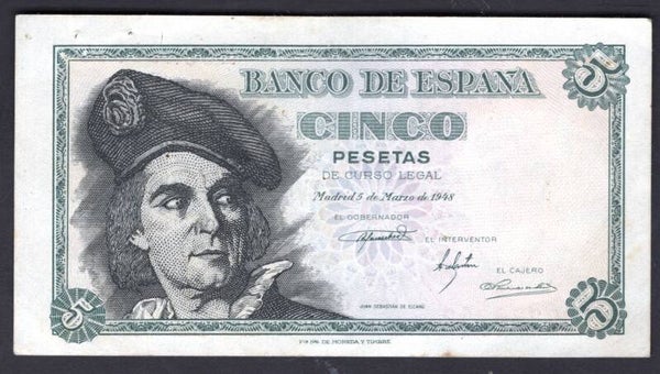 Spain. Banco De Espana. 5 Pesetas. 1948 (WPM 136). H08234949. Crisp NVF.