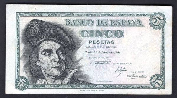 Spain. Banco De Espana. 5 Pesetas. 1948 (WPM 136). H08234948. Crisp NVF.