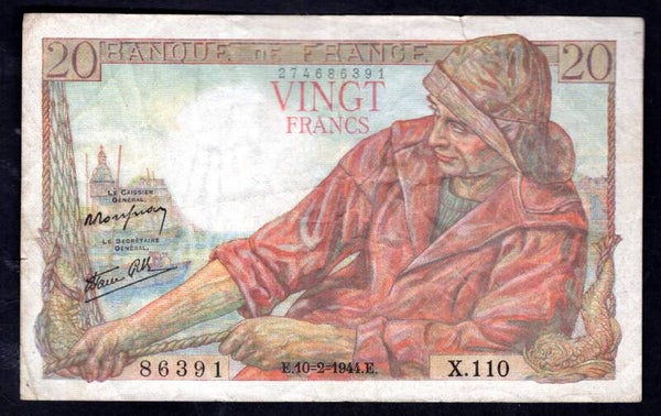 France. 20 Francs 10-2-1944. 274686391. Fine.