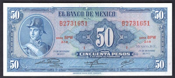 Mexico. 50 Pesos. 29-12-1972 Series BPW B2731651. AU-UNC.