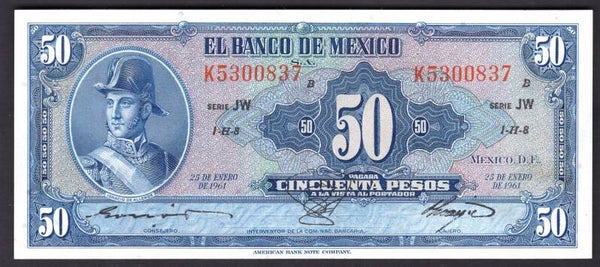 Mexico. 50 Pesos. 25-1-1961 Series JW K5300837. AU+.