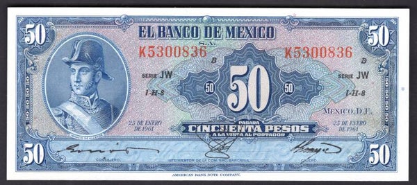 Mexico. 50 Pesos. 25-1-1961 Series JW K5300836. UNC.