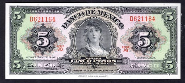 Mexico. Five Pesos 25-1-1961 JQ D621164 UNC.