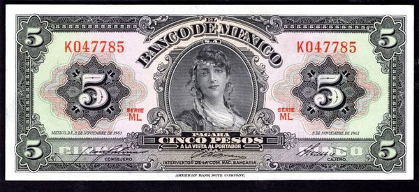 Mexico. Five Pesos 5-11-1961 ML K047785 EF.