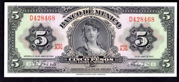 Mexico. Five Pesos 24-4-1963 AJG D428468 GEF.