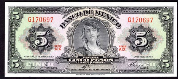 Mexico. Five Pesos 24-4-1963 AIX G170697 AU+.