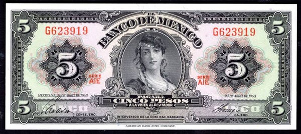 Mexico. Five Pesos 24-4-1963 AIE G623919 UNC.