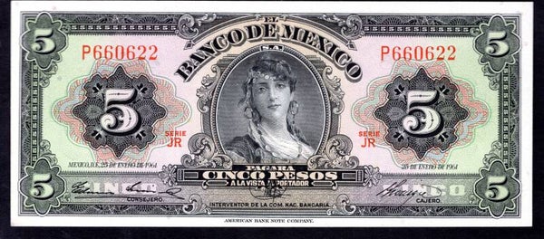 Mexico. Five Pesos 25-1-1961 JR P660622 UNC.