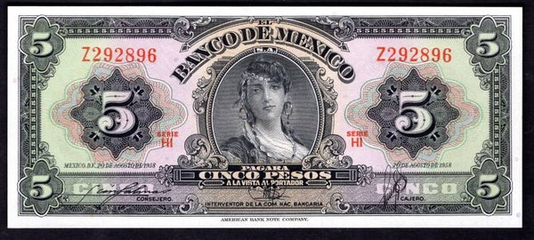 Mexico. Five Pesos 20-8-1958 HI Z292896. UNC.