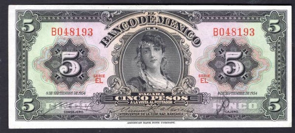 Mexico. 5 Pesos 8-9-1954 EL B048193 EF.