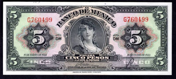 Mexico. Five Pesos 19-1-1953 DM G760499 GVF.