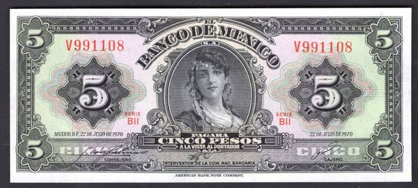 Mexico. Five Pesos 22-7-1970 BII V991108. UNC.