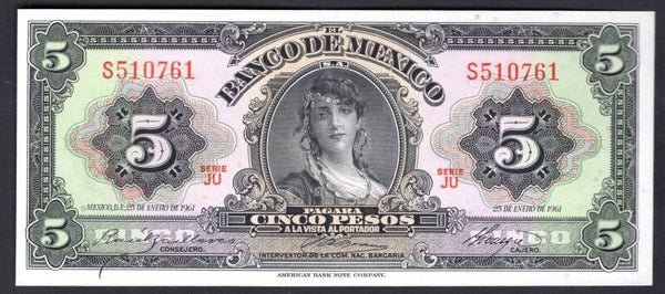 Mexico. Five Pesos 25-1-1961, series JU S510761. UNC.