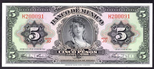 Mexico. Five Pesos 25-1-1961 series JO H200091. UNC.