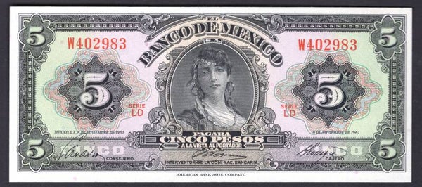 Mexico. Five Pesos 8-11-1961 series LD W402983. UNC.