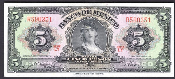 Mexico. Five Pesos, 8-11-1961 series LY R590351. AU.