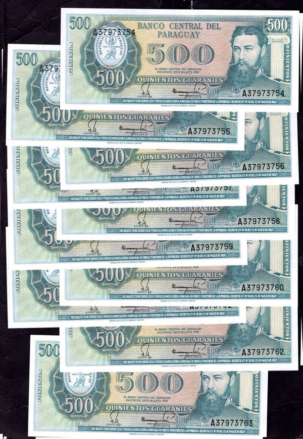 Paraguay, 10 x 500 Guaranies consecutive A37973754-763. UNC.
