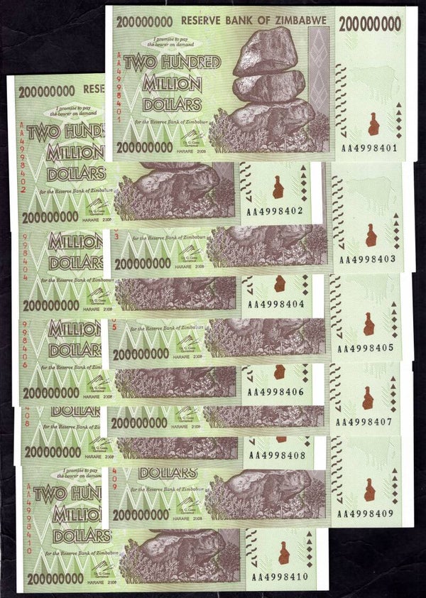 Zimbabwe, 200 Million Dollars, 2008, x 10 consecutive. AU.