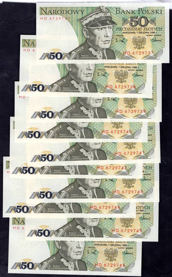 Poland. 50 Zloty x 10, 1988, consecutive HD6729737-46. AU.