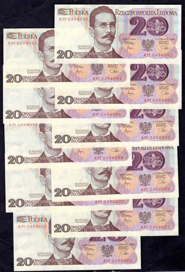 Poland. 20 Zloty x 10 consecutive, AM0494593-602. AU.