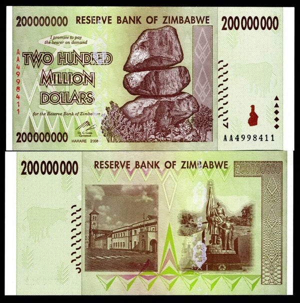 Zimbabwe. 200 Million Dollars 2008. Series AA. AU.