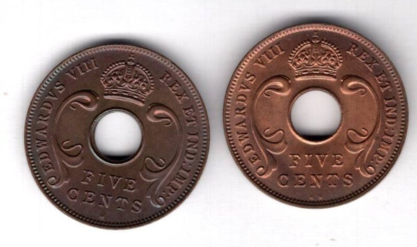 East Africa. 5 Cents, one each 1936KN & 1936H.