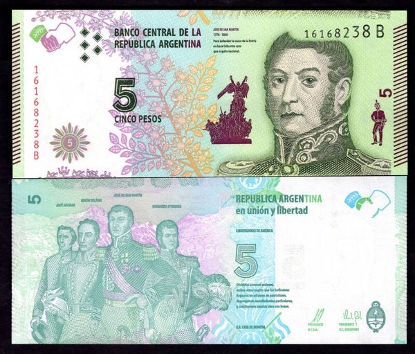 Argentina. Five Pesos (2015) (WPM 359). Series B. UNC.