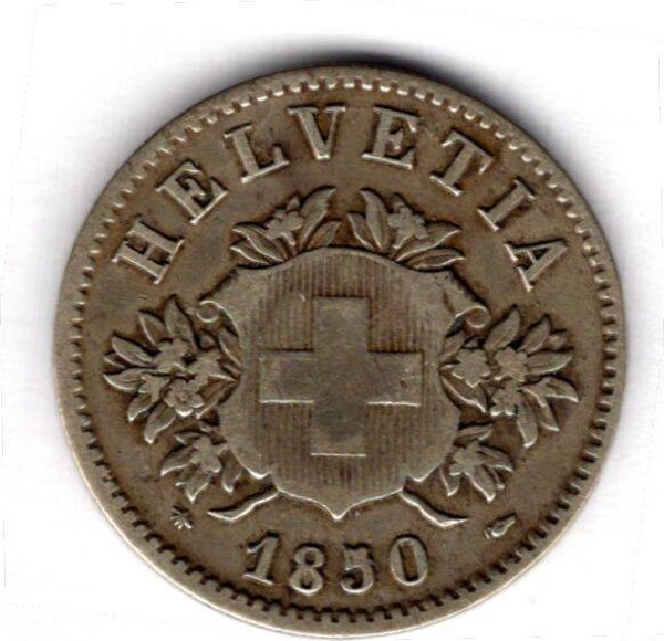 Switzerland. 20 Rappen 1850BB. Cleaned. dy17850