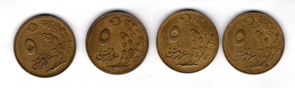 Turkey. 5 Kurush 1 x A.H. 1341, 3 x A.D. 1926. 4 coins total.  dy17904