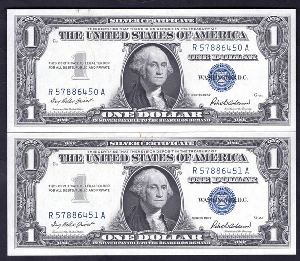 USA. Silver Certificate consecutive pair R57886450-51A. 1957. .