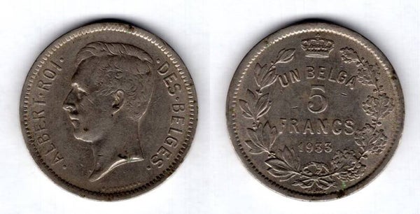 Belgium. Five Francs 1933 (French).  dy17982