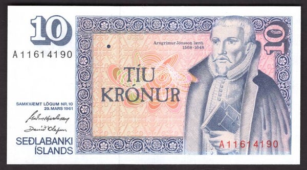 Iceland. 10 Kronur 1961 (1980s). AU-UNC.