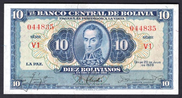 Bolivia. 10 Bolivianos 1928, V1 044835. NEF.