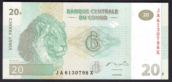 Congo. 20 Francs 2003 JA6130798X. UNC.
