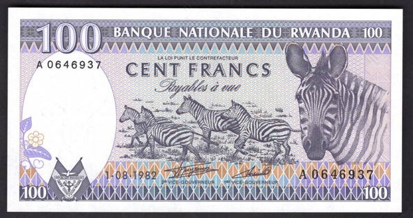 Rwanda. 100 Francs 1982. A 0646937. UNC.