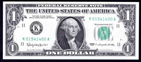 USA. FRN. $1 series 1963 Dallas K01541400A. AU-UNC.