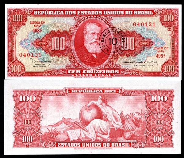 Brazil. 10 Centavos opt on 100 Cruzeiros (1960s), series 498A. AU-UNC.