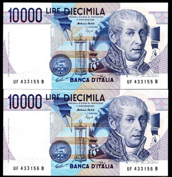 Italy, 10,000 Lire, 1984 consecutive pair UF 433155 B- UF 433156 B. GVF.