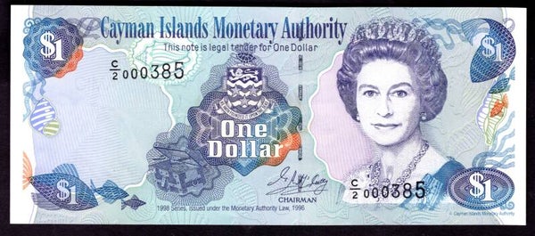 Cayman Islands, $1, 1999 series, low number C/2 000385. UNC.