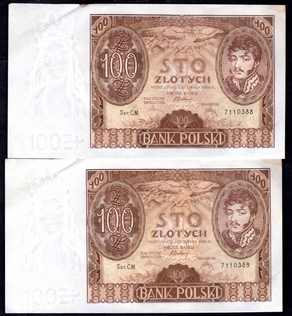 Poland, Bank Polski, 100 Zloty, 1934, consecutive pair. VF-EF.
