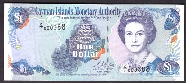 Cayman Islands, $1, 1998 series, low number C/2 000388. UNC.  DY18191