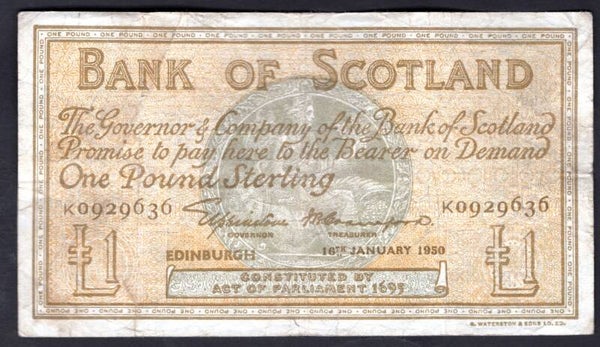 Bank of Scotland, Elphinstone-Crawford, £1, 16-1-1950, K0929636. Fine.   DY18210