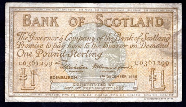 Bank of Scotland, Elphinstone-Crawford, £1, 1-12-1950, L0361299. VG.   DY18211