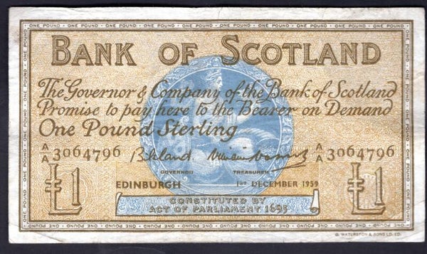 Bank of Scotland. £1. 1-12-1959. A/A 3064796. Fine.