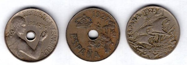Spain, 25 Centimos, 1925, 1927 & 1934.                                   DY18386