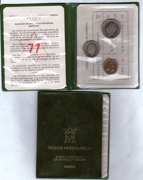Spain. Pruebas 3 coin set. "77", obverse date 1975.   DY18447
