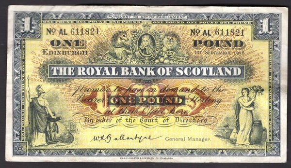 Scotland, Royal Bank, £1, 1-9-1956, AL 611821. Crisp F-VF.    DY18545