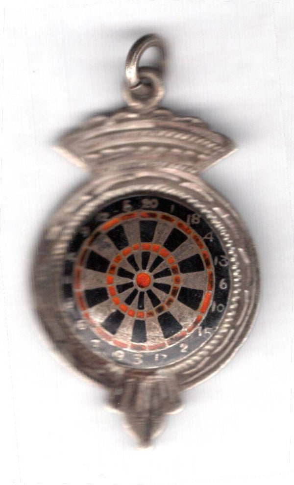 Sterling silver darts badge, suitable for key-ring approx 38mm high 24mm wide.