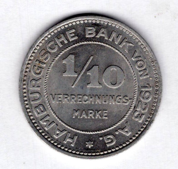 Hamburg Bank. 1/10th Verrechnungs Marke. Aluminium. 1923.   DY18954